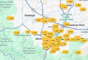 Map of Los Gatos and Monte Sereno with gold pins showing the location and sale price of homes personally sold by Annette Seaborn, Coldwell Banker Realty